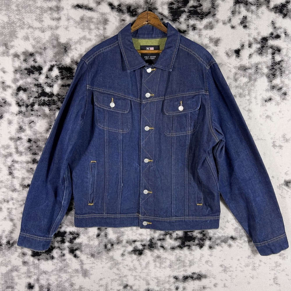 Polo Jeans Co Denim Jacket Mens Size Large Dark Wash Pockets Y2K Trucker Skate